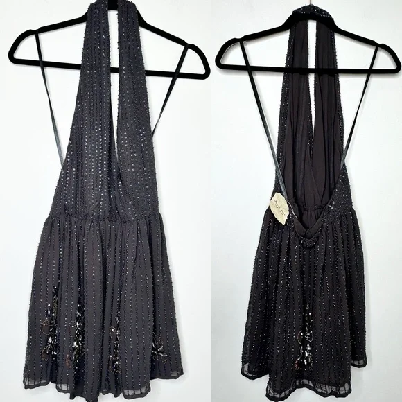 NWT Altar’d State Raven Beaded Sequin Backless Halter Mini Dress in Black - Picture 3 of 10
